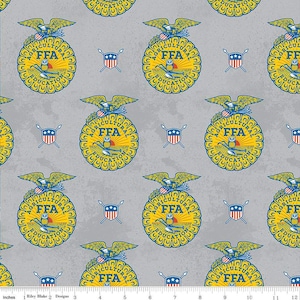 May include: A seamless pattern featuring a repeating design of the blue and gold Future Farmers of America (FFA) emblem. The emblem features a blue circle with a gold owl, a rising sun, and the words "Agricultural Education" and "FFA". The background is a light gray with a subtle distressed texture.