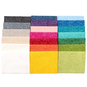 May include: A collection of fabric squares in various colors, each with a speckled white dot pattern. Colors include black, gray, beige, white, pink, red, orange, yellow, green, teal, and blue. These fabric squares are suitable for quilting and crafting projects.