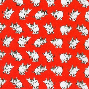 May include: A red background with a repeating pattern of white elephants with their trunks raised. The elephants are all facing the same direction and have a simple, cartoon-like design.