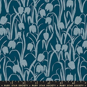 May include: Teal fabric with a repeating pattern of stylized, light gray flowers and foliage. The design features bell-shaped blooms and long, slender stems against a dark teal background. The text "RUBY STAR SOCIETY" is at the bottom.