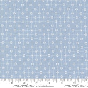 May include: A light blue fabric with a white repeating pattern of small circles in a grid. The fabric is marked with a ruler in inches and the text "moda" appears twice.