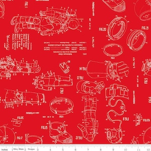May include: A red fabric with a white pattern of a space suit design. The design includes various diagrams and text, including "FIG. 1", "FIG. 20", "FIG. 21", "FIG. 5", "FIG. 6", "FIG. 7", "FIG. 8", "FIG. 9", "FIG. 11", "FIG. 12", "FIG. 13", "FIG. 14", "FIG. 15", "FIG. 17", "FIG. 17A", "FIG. 17C", "PATENTED", "INVENTORS", "UNITED STATES PATENTS", "FOREIGN PATENTS OR APPLICATIONS", "REFERENCES CITED", "SHEET 01 OF 10", "SHEET 05 OF 10", "3,751,727", "3,751,727", "1,060,093", "2/1967", "2/1966", "11/1972", "244/2 X", "244/162", "244/162", "3,232,560", "Great Britain", "LEONARD F. SHEPARD", "GEORGE P. DURNEY", "MELVIN C CASE", "AJ KENNEWAY III", "ROBERT WISE", "DIXIE L. RINEMART", "RONALD J. BESSETTE", "RICHARD C. PULLING", "PATENTED 14", "PATENTED 14", "DELT 09 10", "DELT 01 OF 10", "FIG. 1", "FIG. 20", "FIG. 21", "FIG. 5", "FIG. 6", "FIG. 7", "FIG. 8", "FIG. 9", "FIG. 11", "FIG. 12", "FIG. 13", "FIG. 14", "FIG. 15", "FIG. 17", "FIG. 17A", "FIG. 17C", "PATENTED", "INVENTORS", "UNITED STATES PATENTS", "FOREIGN PATENTS OR APPLICATIONS", "REFERENCES CITED", "SHEET 01 OF 10", "SHEET 05 OF 10", "3,751,727", "3,751,727", "1,060,093", "2/1967", "2/1966", "11/1972", "244/2 X", "244/162", "244/162", "3,232,560", "Great Britain", "LEONARD F. SHEPARD", "GEORGE P. DURNEY", "MELVIN C CASE", "AJ KENNEWAY III", "ROBERT WISE", "DIXIE L. RINEMART", "RONALD J. BESSETTE", "RICHARD C. PULLING", "PATENTED 14", "PATENTED 14", "DELT 09 10", "DELT 01 OF 10", "Riley Blake Designs", "Inches", "1", "2", "3", "4", "5", "6", "7", "8", "9", "10", "11", "12".