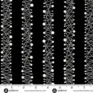 May include: Black fabric with a repeating pattern of white lines and circles. The design features vertical columns of connected circles and lines, creating a network-like appearance. The fabric has a modern, geometric aesthetic.