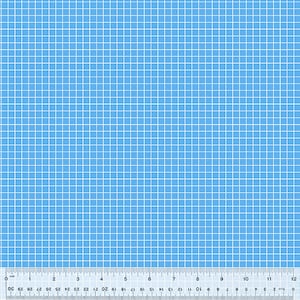 May include: A light blue fabric with a grid pattern, featuring a ruler along the bottom edge. The ruler is marked in inches, with measurements from 0 to 12 inches visible. The fabric's grid is composed of small, evenly spaced squares.