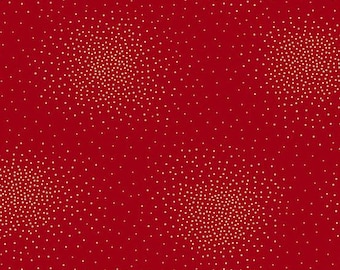 May include: A deep red fabric featuring a repeating pattern of small, light-colored dots arranged in circular clusters of varying density. A white ruler at the bottom edge shows measurements in inches, with the Andover Fabrics logo and website text.