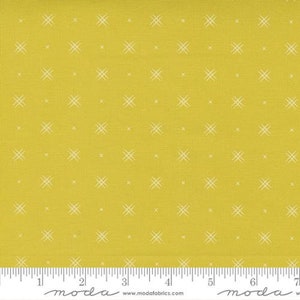 May include: Yellow fabric with a white crosshatch pattern. The fabric is a solid yellow color with a subtle texture. The crosshatch pattern is a simple design of white lines that create a grid-like pattern.