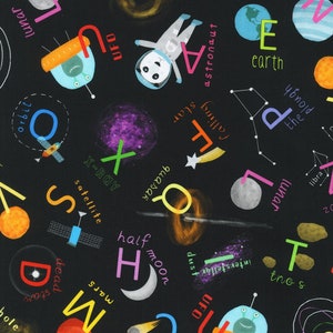 May include: A black background with colorful letters and space-themed illustrations. The letters are in a variety of fonts and colors, and the illustrations include planets, stars, a rocket, a satellite, and an astronaut. The text includes words like "earth", "orbit", "lunar", "quasar", "satellite", "half moon", "mars", "dead star", "tno s", "interstellar", "dust", "UFO", "falling star", "the plough", "libra", "astronaut", and "x-ray".