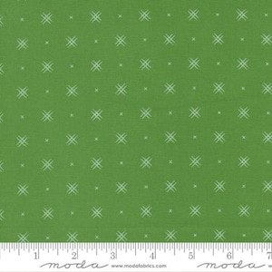 May include: Green fabric with a white crosshatch pattern. The fabric is a solid green color with a white crosshatch pattern repeated throughout the fabric. The fabric is shown with a ruler for scale.