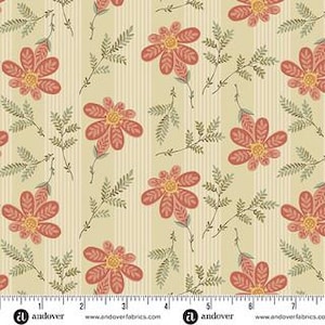 May include: Fabric with a repeating floral pattern. Large, coral-colored flowers with yellow centers are interspersed with green fern-like sprigs on a cream-colored background with vertical stripes. The fabric has a ruler along the bottom edge.