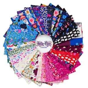 May include: A collection of fabric squares arranged in a circular pattern. The fabrics feature various patterns, including floral designs, teacups, and rabbits, in shades of blue, pink, and white. The center displays the text "Hello Alice by Sarah Watts."