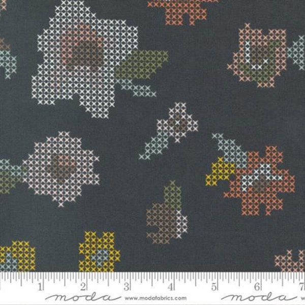 Dawn on the Prairie Cross Stitched Florals Charcoal by Fancy That Design House for Moda