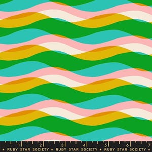May include: A colorful fabric with a repeating wave pattern. The design features overlapping layers of green, teal, pink, and gold waves on a cream background. The text "RUBY STAR SOCIETY" is printed at the bottom.