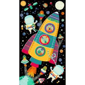 May include: A colorful rocket ship with a yellow body, red and green stripes, and multiple portholes. The rocket is surrounded by stars, planets, and astronauts in space suits.