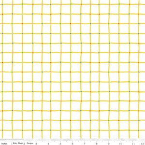 May include: White fabric with a yellow grid pattern. The grid has small squares of red, blue, green, and pink.