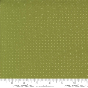 May include: Close-up of a green fabric with a subtle, repeating pattern of small, off-white dots. The fabric has a textured appearance and is likely cotton or a similar material. A ruler is at the bottom, with measurements in inches.