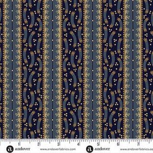 May include: Fabric with a repeating vertical stripe pattern. The design features navy blue, light blue, and tan colors. The stripes include wavy lines, dotted patterns, and decorative edges. The fabric is measured in inches along the bottom edge.