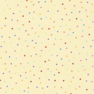 May include: A seamless pattern of colorful stars on a light yellow background.