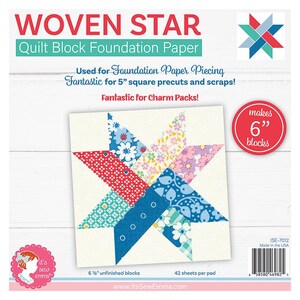 May include: A sheet of foundation paper piecing for quilting, featuring a woven star design. The paper is designed to make 6-inch blocks and is ideal for using 5-inch precuts or scraps. The paper is white with a colorful woven star design in the center. The text "WOVEN STAR" is at the top of the sheet, and the text "Quilt Block Foundation Paper" is below it. The text "makes 6" blocks" is in a red circle in the upper right corner of the sheet. The text "Used for Foundation Paper Piecing, Fantastic for 5" square precuts and scraps! Fantastic for Charm Packs!" is in the center of the sheet. The text "6 1/2" unfinished blocks" is in the lower left corner of the sheet. The text "42 sheets per pad" is in the lower right corner of the sheet. The text "www.itsSewEmma.com" is at the bottom of the sheet.