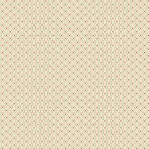 May include: A cream-colored fabric with a repeating pattern of dotted lines and red dots. The dotted lines form an oval shape, creating a textured, decorative design. The fabric has a vintage or retro aesthetic.