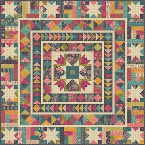 May include: A square quilt featuring a central star motif surrounded by concentric borders of geometric shapes, including triangles and squares. The design incorporates a vibrant palette of teal, magenta, mustard yellow, and cream with floral patterns.