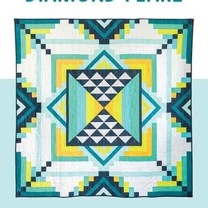 May include: A quilt pattern titled "Diamond Flare" with a geometric design. The quilt features a central diamond shape with teal, yellow, and black accents. The pattern includes the text "Toad & Sew" and "A quilt pattern by Taylor Krz".
