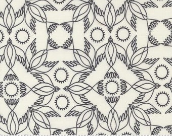 May include: White fabric with a black and white geometric pattern of stylised birds and circles. The fabric has a repeating pattern and is suitable for quilting, crafts, and apparel.