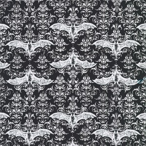 May include: A black and white damask pattern with bats flying in a repeating pattern.
