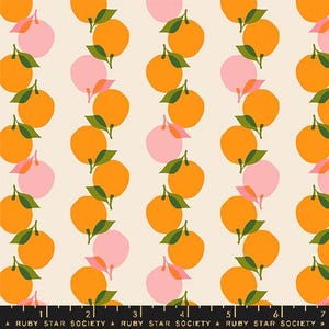 May include: A seamless pattern featuring alternating rows of orange and pink circles with green leaves. The background is a light cream color.