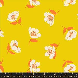 May include: A seamless pattern featuring white flowers with orange centers on a bright yellow background. The flowers are stylized and have a simple, modern design.