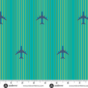 May include: A turquoise blue fabric with thin yellow and green stripes and a repeating pattern of dark blue airplanes flying in a straight line.