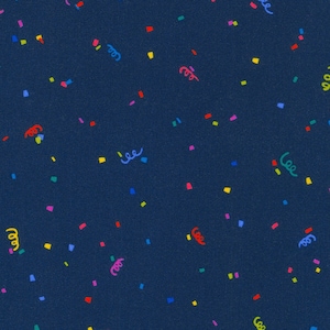 May include: A dark blue fabric with a confetti pattern. The confetti is in various colors, including red, yellow, blue, green, and pink. The confetti is in the shape of squares and swirls.