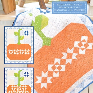 May include: A quilting pattern for a pumpkin-themed wall hanging. The pattern features a simple design with a pumpkin and stars in orange, white, and blue colors. The pattern is titled "Pumpkin & Denim" and is by Fig Tree & Co.