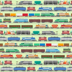 May include: A repeating pattern of colorful freight trains on a light green background. The trains vary in color and design, including locomotives, boxcars, and tanker cars. The image is a flat illustration with a cartoon-like style.