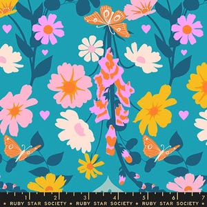 May include: A teal fabric with a floral pattern featuring pink, yellow, and white flowers, orange butterflies, and small pink hearts. The text "RUBY STAR SOCIETY" is at the bottom.
