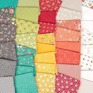May include: A collection of folded fabric squares in various colors and patterns. The fabrics include floral, polka dot, and striped designs in shades of gray, green, red, orange, and yellow. The arrangement is ideal for quilting or other fabric crafts.