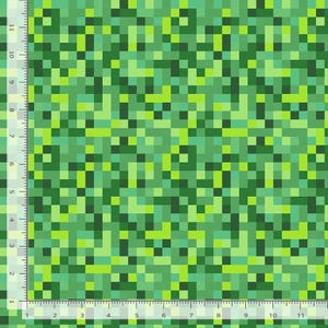 May include: A green pixelated pattern fabric with varying shades of green and a grid-like design. The fabric has a repeating pattern of small squares, creating a textured appearance. The color palette includes light and dark greens.