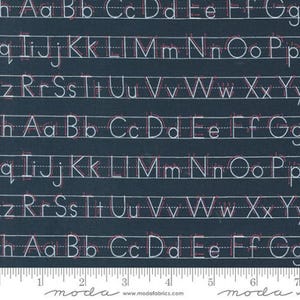 May include: Black fabric with white alphabet letters printed on it. The letters are in rows with lines between each row. The fabric has a ruler printed on the bottom with the words "moda" and "www.modafabrics.com".