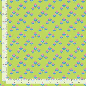 May include: A repeating pattern of stylized pink flowers with blue leaves on a light green background. The flowers are arranged in a diagonal pattern across the fabric. The image includes a ruler along the left side.