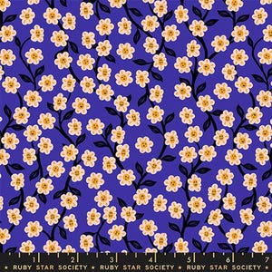 May include: A fabric pattern featuring a repeating floral design. The background is a deep blue, with black stems and leaves. Smiling yellow flowers with white petals are scattered across the fabric. The text "RUBY STAR SOCIETY" is at the bottom.