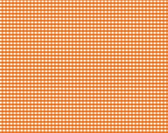 May include: Orange and white gingham fabric. The fabric features a classic checkered pattern, with evenly spaced horizontal and vertical lines creating a grid of squares. The color scheme is a bright orange and white, offering a cheerful and vibrant look. The fabric is suitable for various sewing projects.
