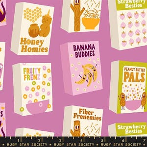May include: A repeating pattern featuring cartoon cereal boxes with names like "Honey Homies," "Banana Buddies," and "Peanut Butter Pals." The boxes are in various colors, including pink, green, and white, with illustrations of honeycombs, bananas, and peanuts. The background is a solid pink.