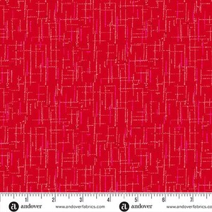 May include: A vibrant red fabric featuring a repeating pattern of vertical and horizontal dashed lines in shades of light pink and white. The design creates a grid-like texture across the surface, with a ruler visible at the bottom edge.