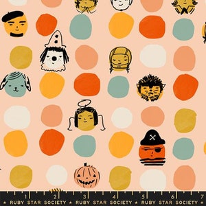 May include: A pink fabric with a repeating pattern of colorful circles and whimsical characters. The characters include a clown, a dog, a pumpkin, an angel, a pirate, a space traveler, and a werewolf. The fabric is perfect for crafting projects, quilting, and sewing.
