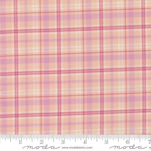 May include: A close-up of a fabric with a plaid pattern. The pattern features a grid of intersecting lines in shades of pink, peach, and cream. The fabric has a soft, textured appearance, and a ruler is visible along the bottom edge.