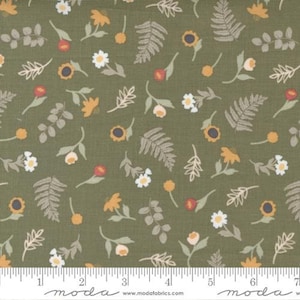 May include: Green fabric with a repeating pattern of small white, yellow, and orange flowers, leaves, and ferns.