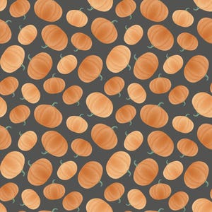 May include: A repeating pattern of orange pumpkins on a dark gray background. Each pumpkin features a rounded shape with subtle vertical ridges and a small green stem. The pumpkins are arranged in a scattered layout across the entire surface.