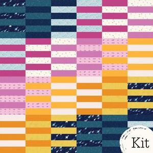 May include: A fabric collection featuring a grid of rectangular patterns in navy blue with space rockets, light blue with small stars, magenta, yellow, and white with colorful confetti. A white circular label in the corner displays the text Kit.