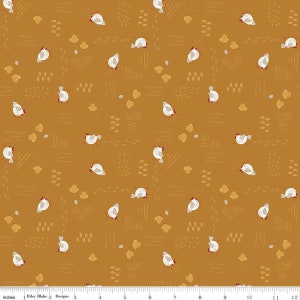 May include: A seamless fabric pattern featuring white chickens with red combs on a mustard yellow background. The pattern includes various abstract shapes and lines in white and brown.