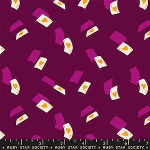 May include: A repeating pattern of playing cards with orange hearts and purple abstract shapes on a deep purple background. The text "RUBY STAR SOCIETY" is at the bottom.