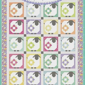 May include: A colorful quilt featuring a repeating pattern of sheep with floral accents. The quilt has a variety of pastel colors, including orange, pink, green, and blue. The text "Coriander Quilts" and "#241 Wooly Flowers" are visible.